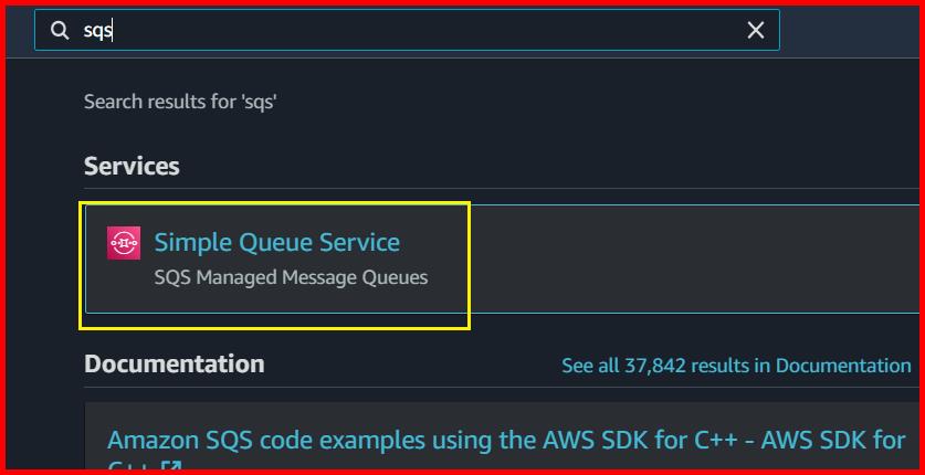 Picture showing the Simple Queue Service in search result in AWS console
